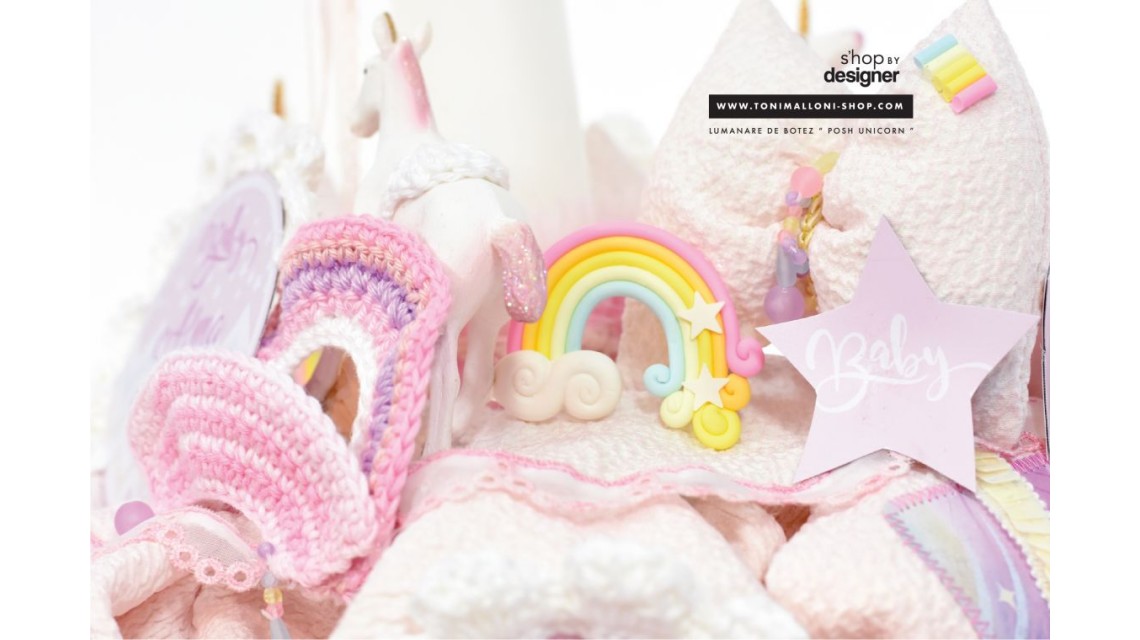 Lumanare de botez roz pentru fetite cu unicorni, 65x4cm, Baby Unicorn 14